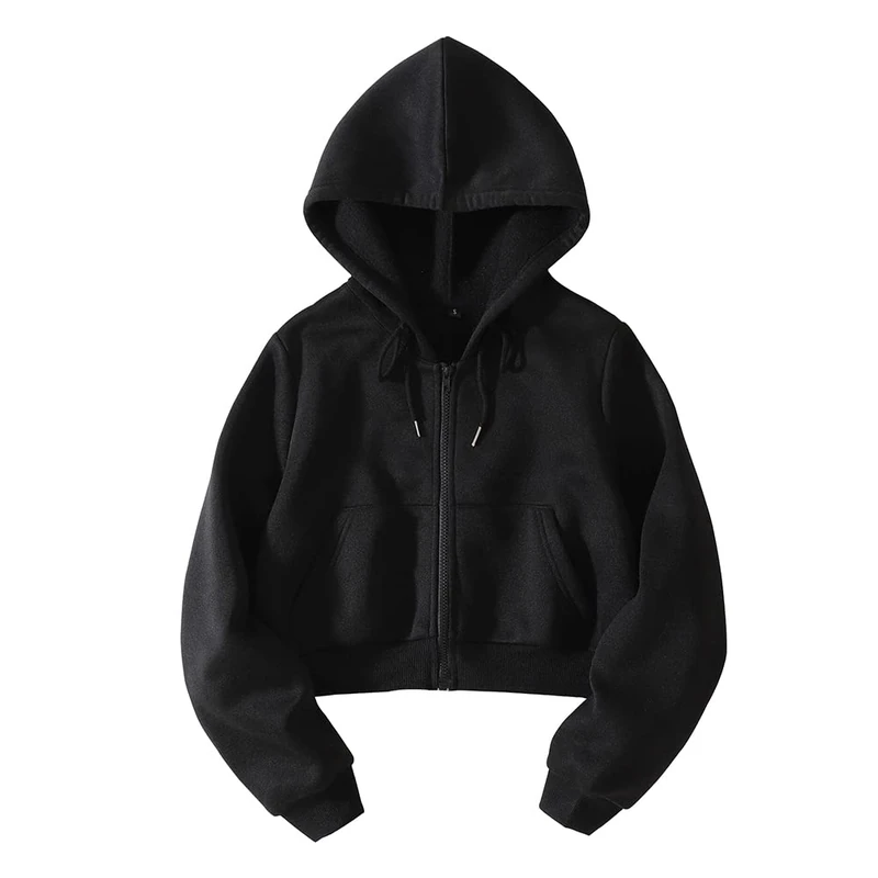 LOFAAC Women Fleece Full Zip Up Cropped Hoodie Sweatshirt 90s Long Sleeve Drawstring Hooded Crop Jacket Top with Pockets, Black, Large
