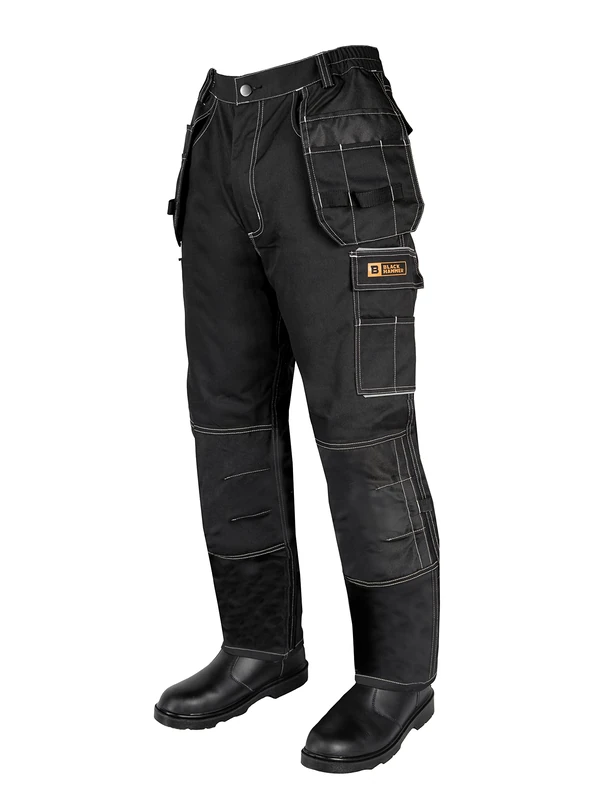 Black Hammer Mens Work Trousers Elasticated Waist Professional Durable Safety Utility Combat Workwear Pants with Holster Pockets and Knee Pad Pockets Sublime Black (42W / 29 Short)