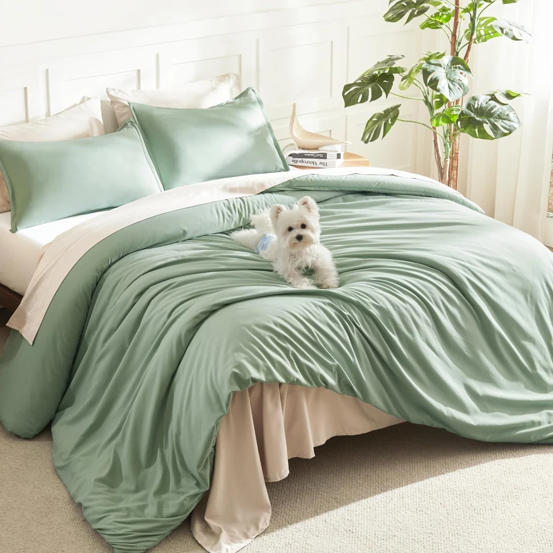 Litanika Queen Comforter Set Sage Green, 3 Pieces Boho Lightweight Solid Bedding Comforters & Sets, Double Down Alternative Comforter Bed Set Quilt Blanket (90x90In Comforter & 2 Pillowcases)