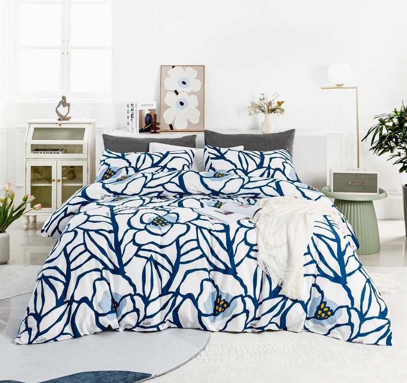 YuHeGuoJi Blue Floral Duvet Cover Queen 100% Cotton White Flower Duvet Cover Set 3 Pcs 1 Cute Botanical Leaves Print Duvet Cover with Zipper Ties 2 Pillowcases Soft Plant Bedding Breathable Durable