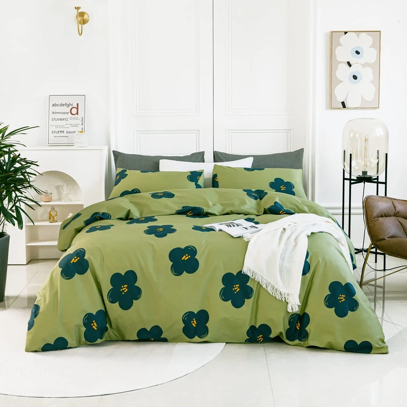 YuHeGuoJi Green Flower Duvet Cover King Size 100% Cotton Sage Floral Duvet Cover Set 3 Pcs 1 Cute Botanical Pattern Duvet Cover with Zipper Ties 2 Pillowcases Soft Plant Bedding Breathable Comfortable