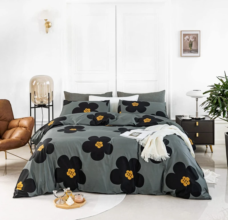YuHeGuoJi Black Floral Duvet Cover King Size 100% Cotton Grey Flower Duvet Cover Set 3 Pcs 1 Cute Botanical Pattern Duvet Cover with Zipper Ties 2 Pillowcases Soft Bedding Breathable Comfortable