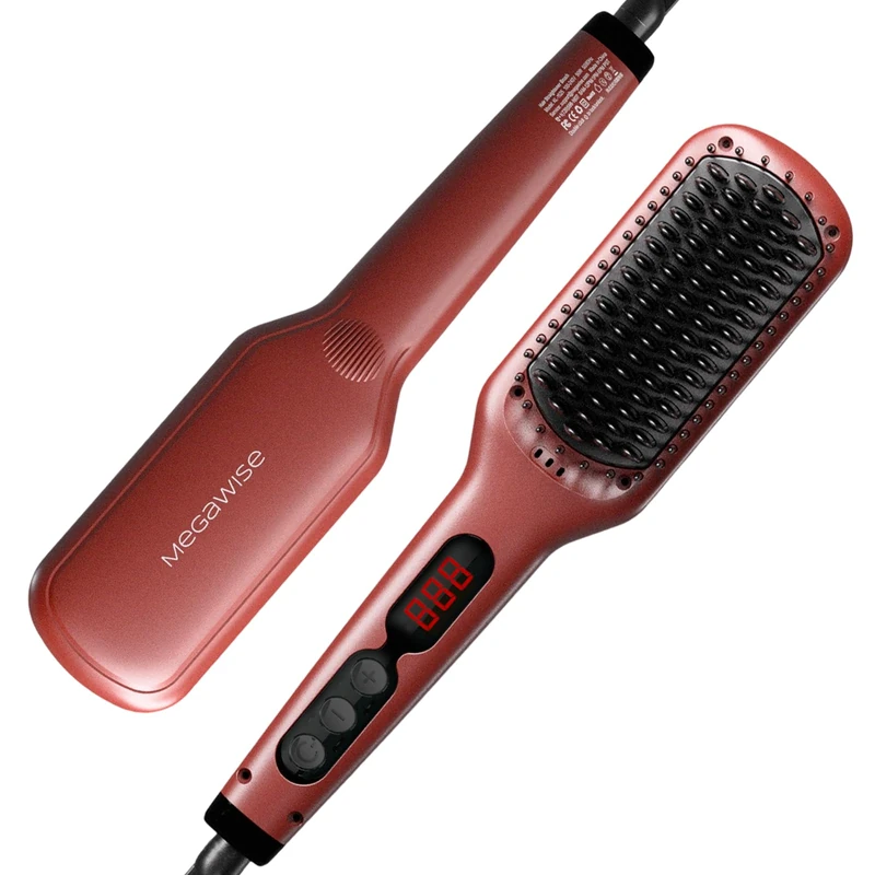 2023 Updated MEGAWISE Hair Straightener Ceramic Brush ; Anti-Scald Dual Voltage Flat Iron Hot Brush | Rotatable Cord |Auto Shutoff | Anti-frizz |for All Hair Types