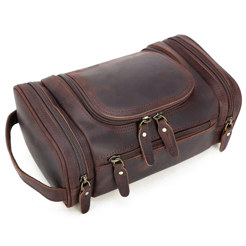 Polare Toiletry Bag Full Grain Leather Shaving Kit Dopp Kit Travel Case Wash Bag with YKK Zippers, Dark Brown, Retro
