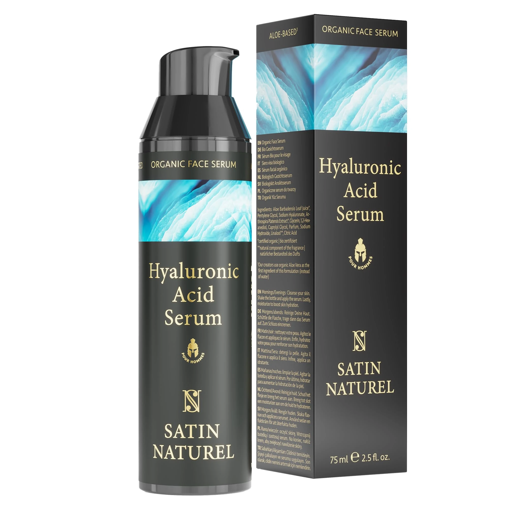 Satin Naturel Hyaluronic Acid Serum for Men 75ml - Day and Night Serum with Aloe Vera and Spirulina - Hyaluronic Acid Serum for Face - Anti Aging Face Cream - Skin Care for Men