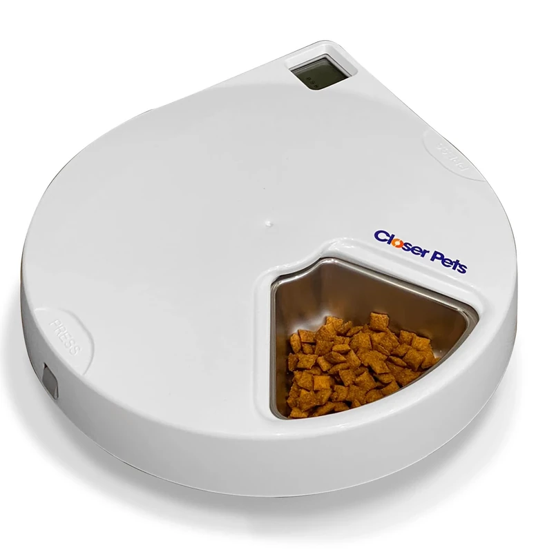 Closer Pets C500 5 Bowl Digital Timer-Controlled Automatic Pet Feeder - 5-Meal Feeder with Stainless Steel Bowl and Ice Packs, Wet or Dry Food, 5 Meals Up To 330 g Each, White
