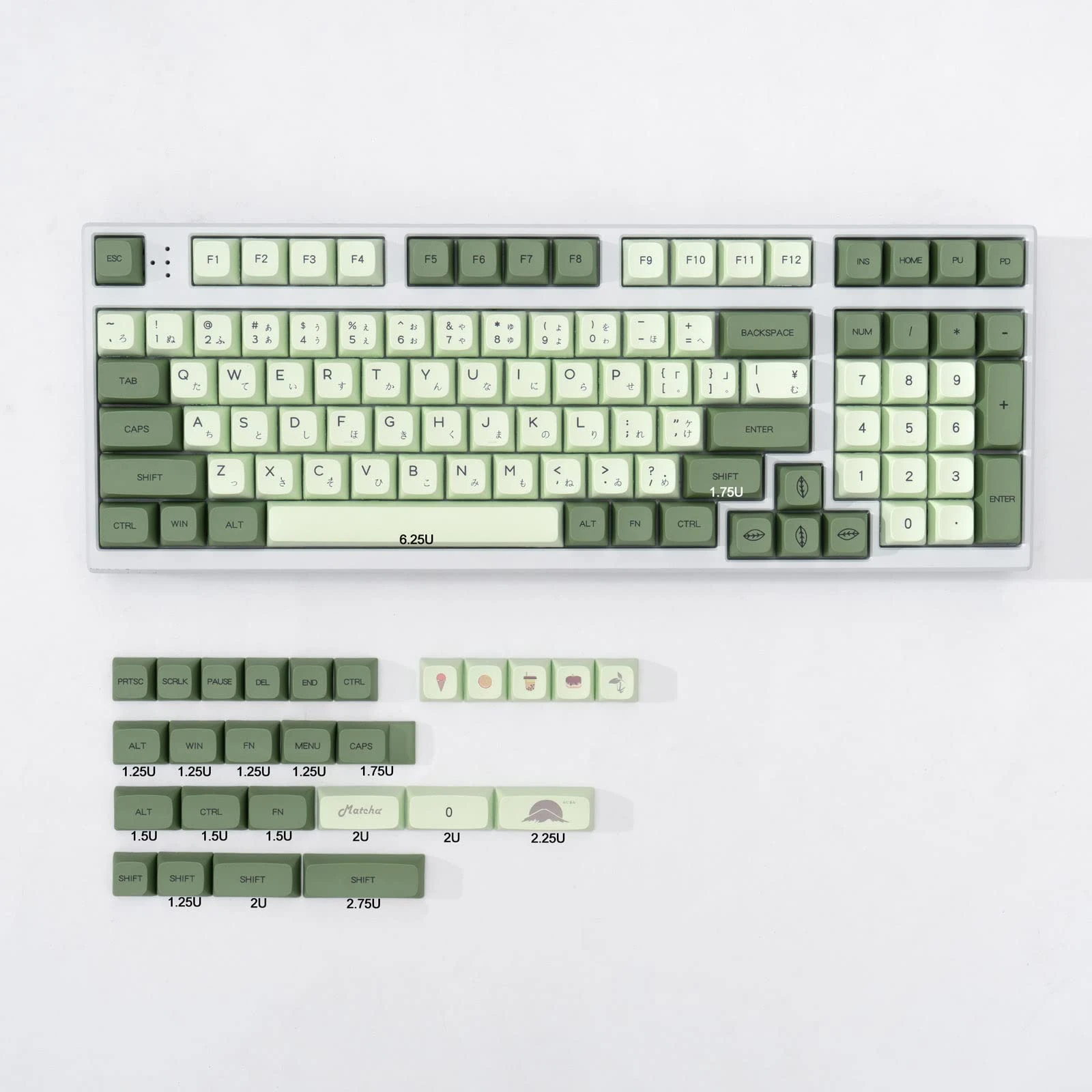 PBT Keycaps Japanese Matcha Green Keycaps Set 124 Keys XDA Profile Cute Keycap Dye-Sublimation Custom Keyboard Key caps for Cherry Gateron MX Switches Mechanical Keyboards