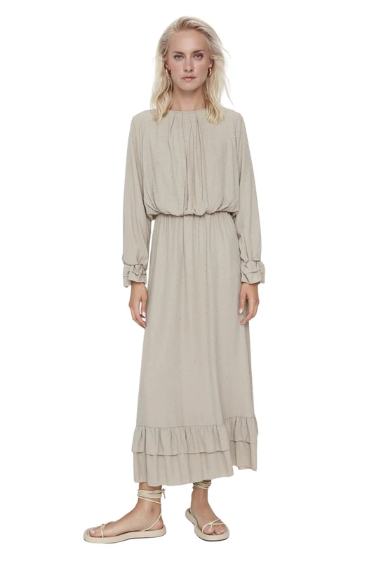Trendyol Women Modest Maxi Ruffle Hem Regular Woven Modest Dresses Light Green