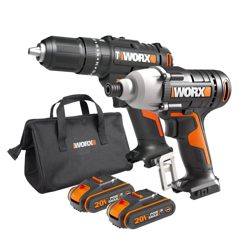 Worx WX902 20V PowerShare Cordless Combi Drill & Impact Driver Kit with 2X 2.0Ah Batteries, Charger & Bag – 50Nm Hammer Drill, 170Nm Impact Driver, LED Light, Compact & Lightweight Design
