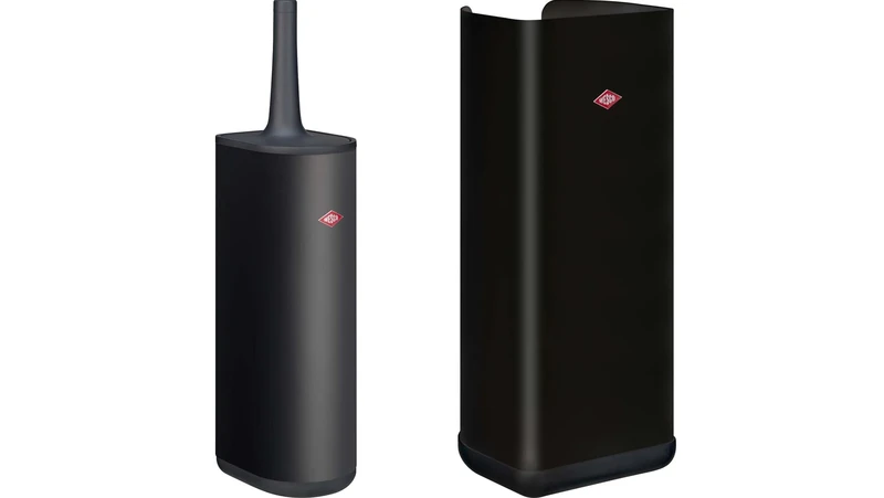 Wesco Set of 1x Loft toilet brush made of powder-coated sheet steel with silicone brush and 1x Loft paper roll holder in semi-circular shape with plastic base. Colour: matte black