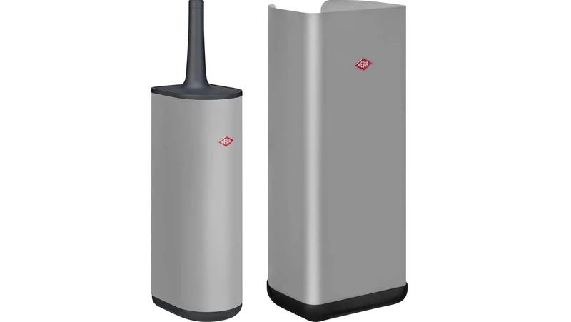 Wesco Set of 1x Loft toilet brush made of powder-coated sheet steel with silicone brush and 1x Loft paper roll holder in semi-circular shape with plastic base. Colour: matte grey