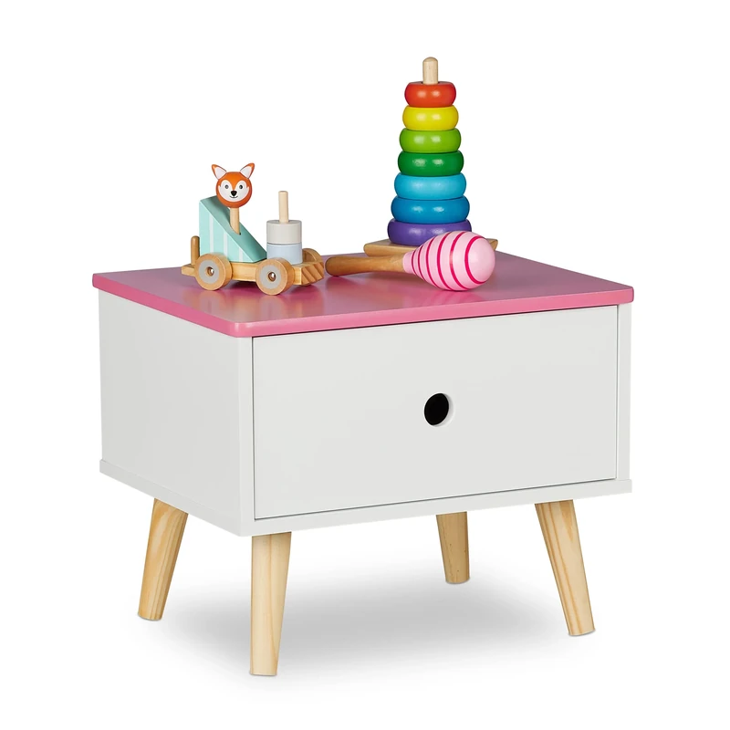 Relaxdays Children's Bedside Table, with Drawer, HWD: 31x38x30 cm, Kids' Room, Small Sideboard, Wood & MDF, White/Pink