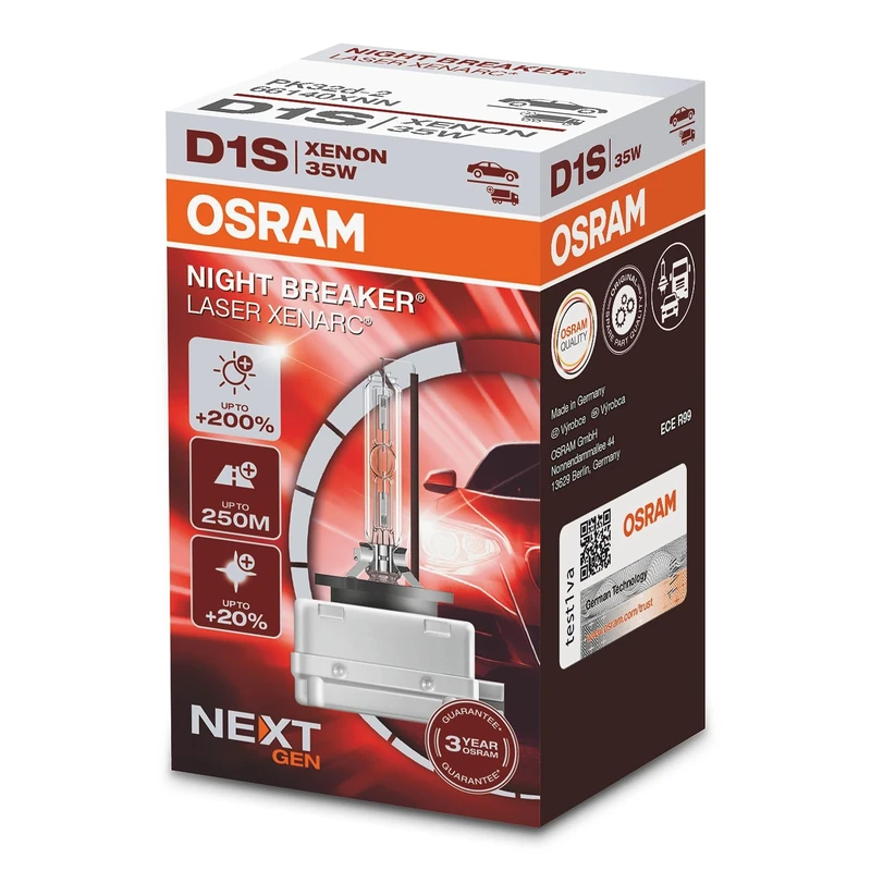 OSRAM XENARC NIGHT BREAKER LASER D1S, Next Generation, 200% more brightness, HID xenon bulb, 66140XNN, folding box (1 lamp)