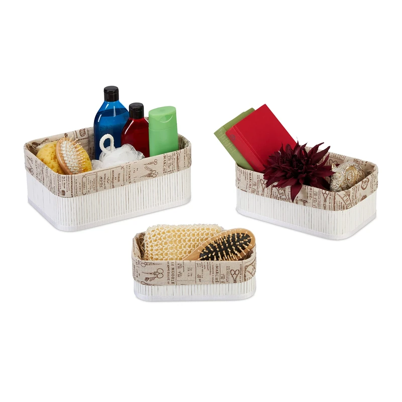Relaxdays Set of 3 Storage Baskets, Bamboo with Fabric Lining, 3 Sizes, Shelf Tidy, Bathroom, White/Beige