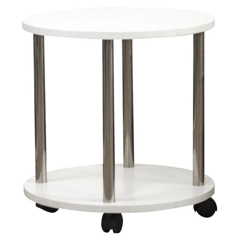 BAKAJI Table Coffee Table Living Room with 4 Wheels Trolley Carrellino Wood MDF White Coffee Minimal Design Furniture Storage Cabinet Living Room Kitchen Bathroom Double Shelf Shelves (Round) - Image 1