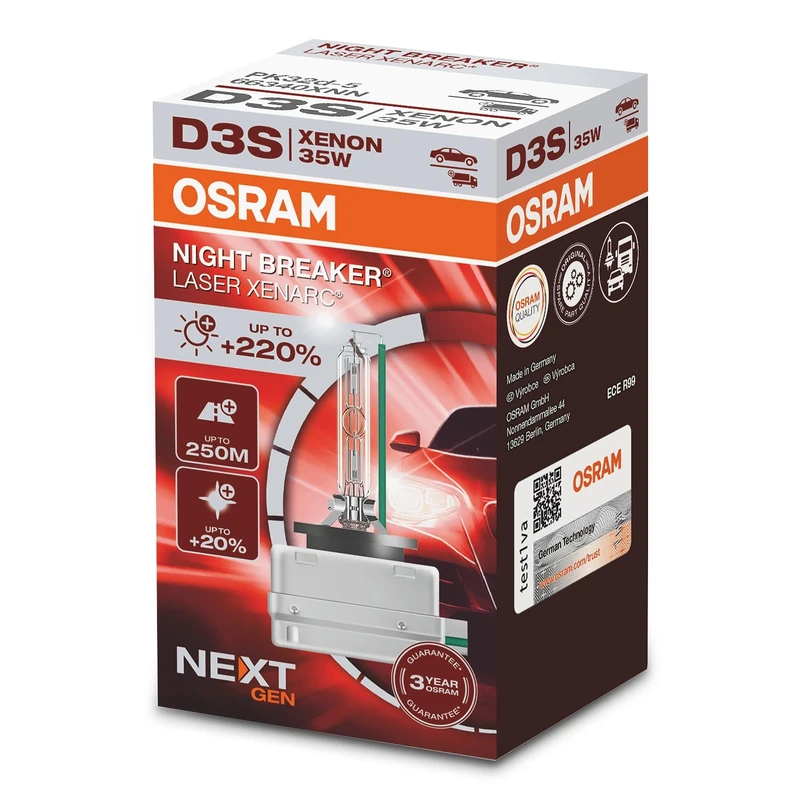 OSRAM XENARC NIGHT BREAKER LASER D3S, Next Generation, 220% more brightness, HID xenon bulb, 66340XNN, folding box (1 lamp), white