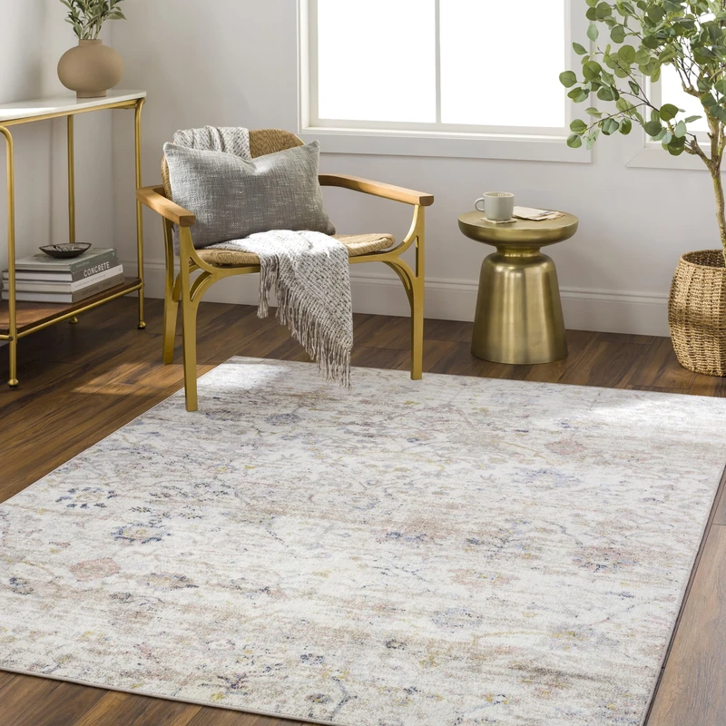 Livabliss Djanet Machine Washable Rug - Vintage Area Rugs Living Room, Large Rug 160x213 cm - Traditional Boho Rug Style, Dining Room, Kitchen, Outdoor, Hallway - Ivory, Brown, Grey, Blue Rug