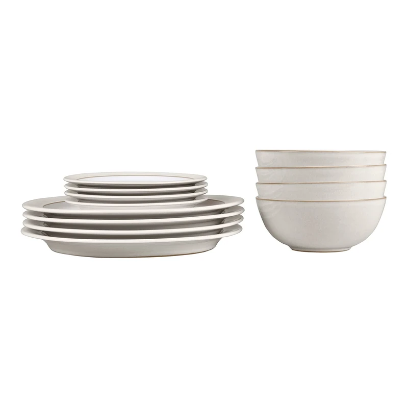 Denby - Natural Canvas Dinner Set for 4-12 Piece White, Beige Ceramic Stoneware Tableware Plate & Bowl Set - Dishwasher Safe Crockery - Includes 4 x Dinner Plates, Small Plates, Cereal Bowls