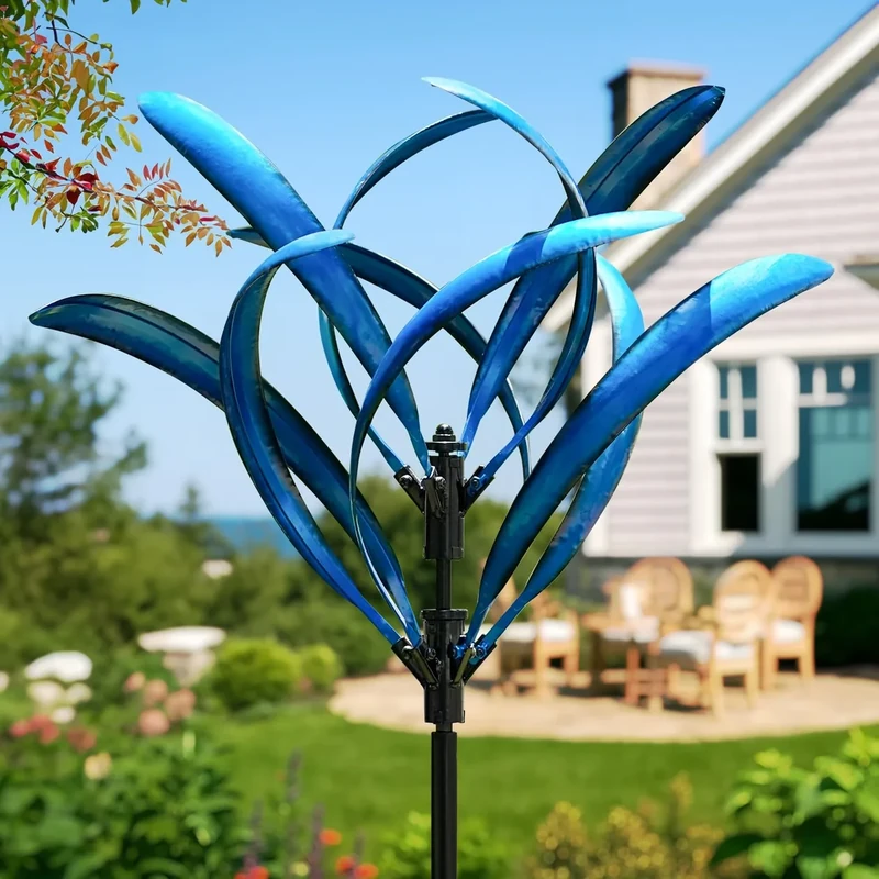 LimeHill Wind Spinner for Yard and Garden - Large Metal Kinetic Wind Sculptures for Outdoor Decorations (Blue Lotus 2)