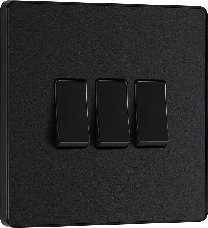 BG Electrical Triple Wall Light Switch, 2 Way, Screwless Front Plate, Round Edges, Evolve, Matt Black, 20A, 16AX, PCDMB43B