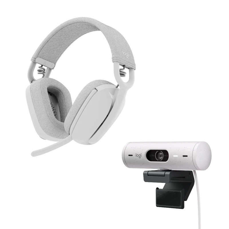 Logitech Brio 500 Full HD webcam and Zone Vibe 100 wireless headphones with noise-cancelling mic, works with Microsoft Teams, Google Meet, Zoom, Mac/PC - White