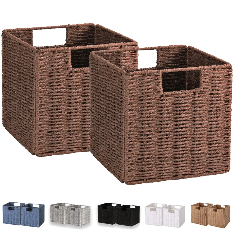 Vagusicc Wicker Baskets for Storage, Set of 2 Hand-Woven Storage Baskets for Shelves, Foldable Cube Storage Baskets Bins with Handles, 9 inch Large Wicker Baskets for Organizing Pantry Bedroom, Brown