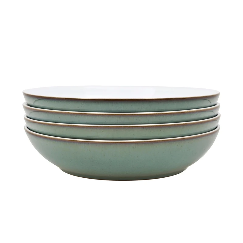 Denby - Regency Green Pasta Bowls Set of 4 - Dishwasher Microwave Safe Crockery 1050ml 22cm - Green, White Ceramic Stoneware Tableware - Chip & Crack Resistant