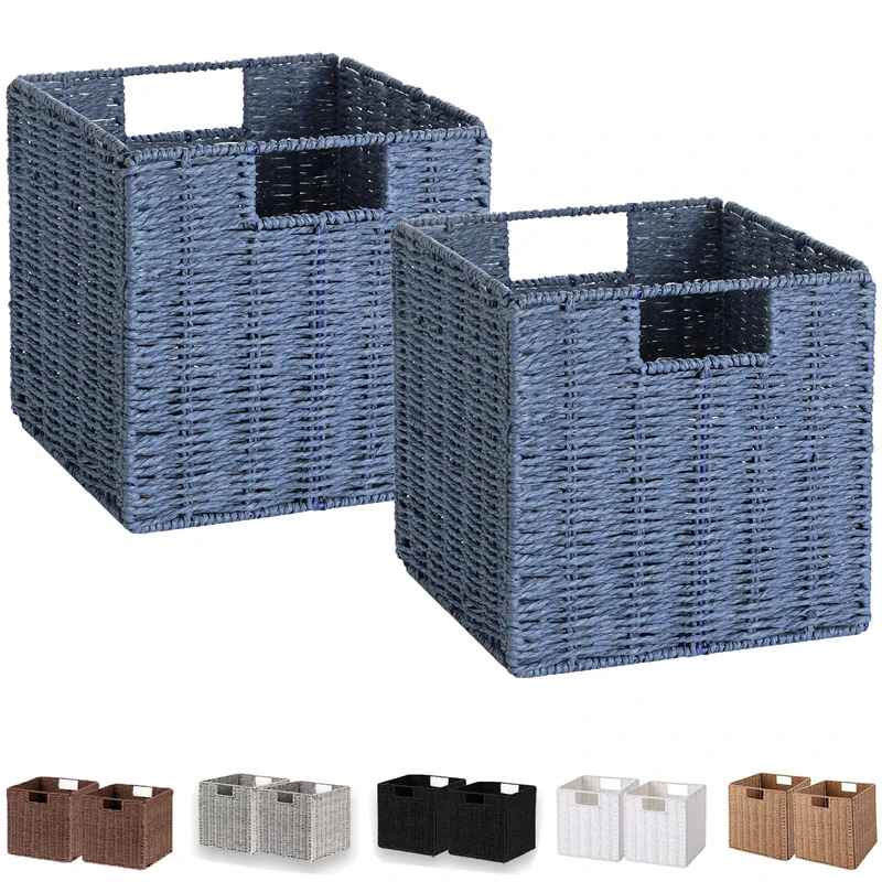Vagusicc Wicker Storage Basket, Set of 2 Handwoven Paper Rope Collapsible Woven Baskets, 9'' x 9'' x 9'' Cube Storage Bins with Handle, Baskets for Gifts Empty, Shelves Organizing & Decor, Dark Blue