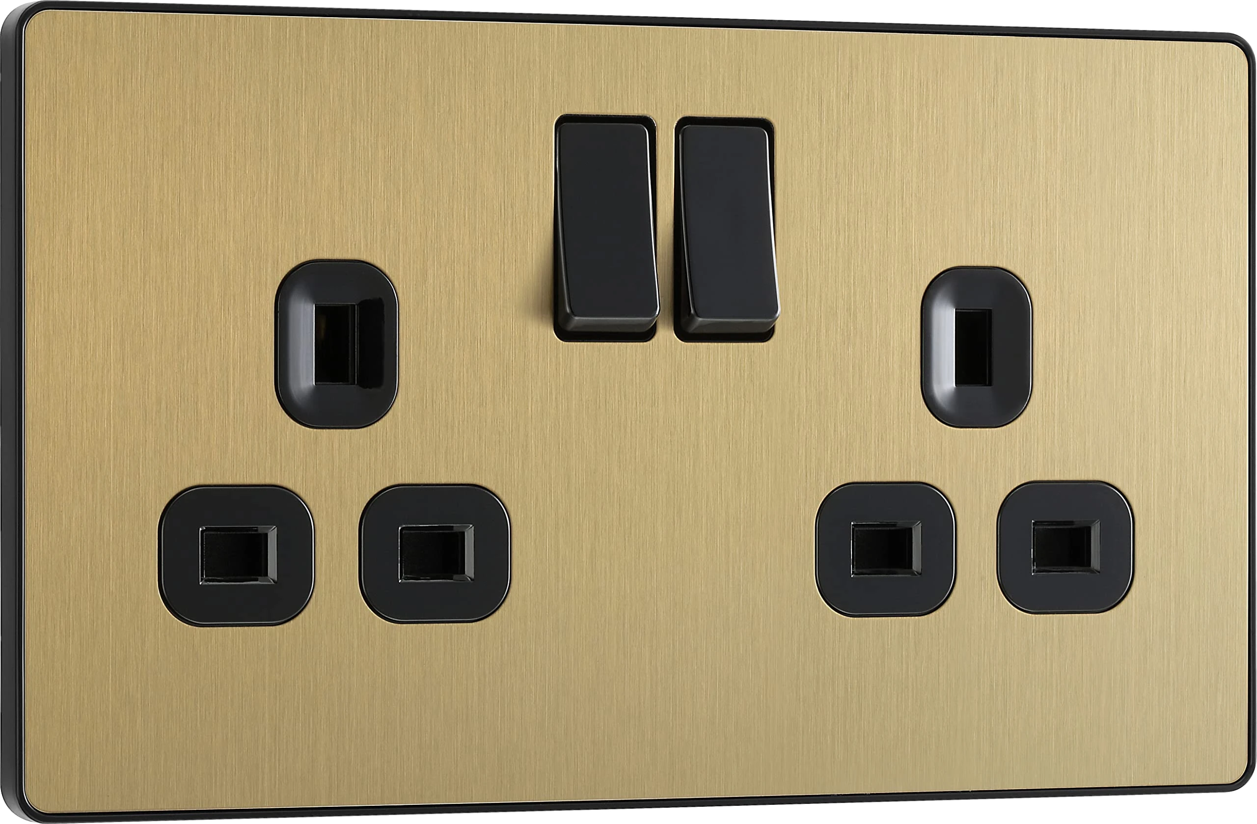 BG Electrical Double Switched Power Plug Wall Socket, Screwless, Evolve, Satin Brass, 13A, PCDSB22B