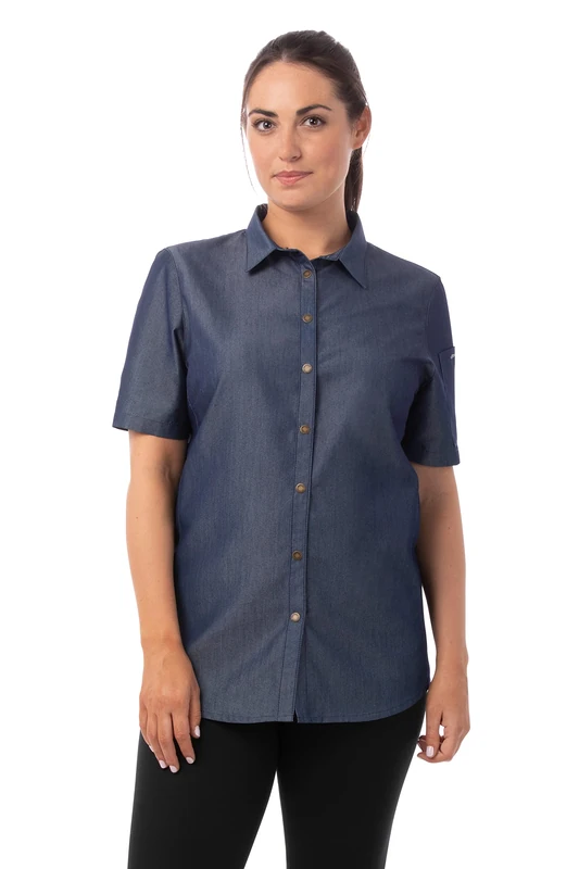 Chef Works Women's Detroit Denim Shirt Button, Indigo Blue, Large