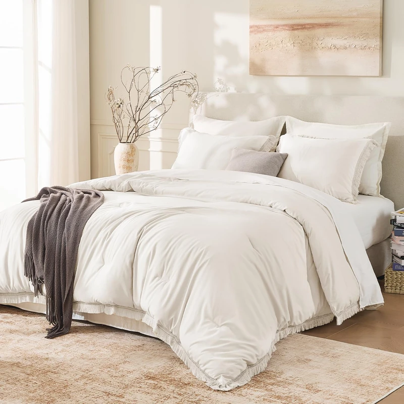 Andency Beige Tassel Comforter Set Full(79x90Inch), 3 Pieces(1 Boho Comforter, 2 Pillowcases) Farmhouse Shabby Chic Comforter Set, Soft Microfiber Lightweight Fringe Bedding Comforter Set
