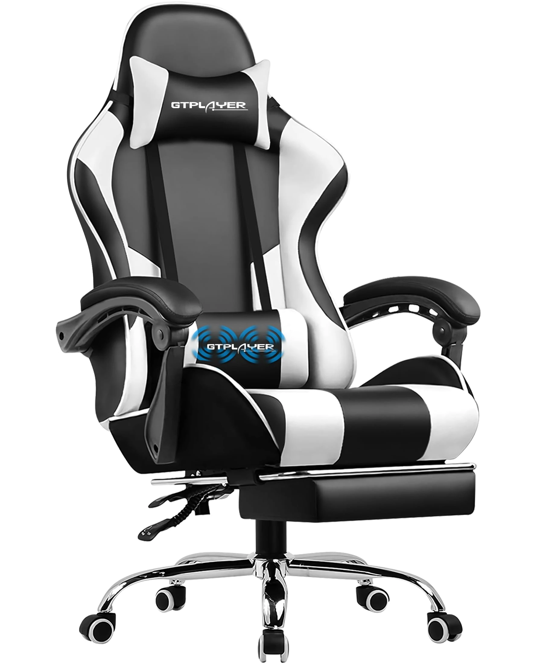 GTPLAYER Gaming Chair, Massage Computer Chairs with Footrest, Headrest and Lumbar Support Height Adjustable Ergonomic 360°-Swivel PC Chair White