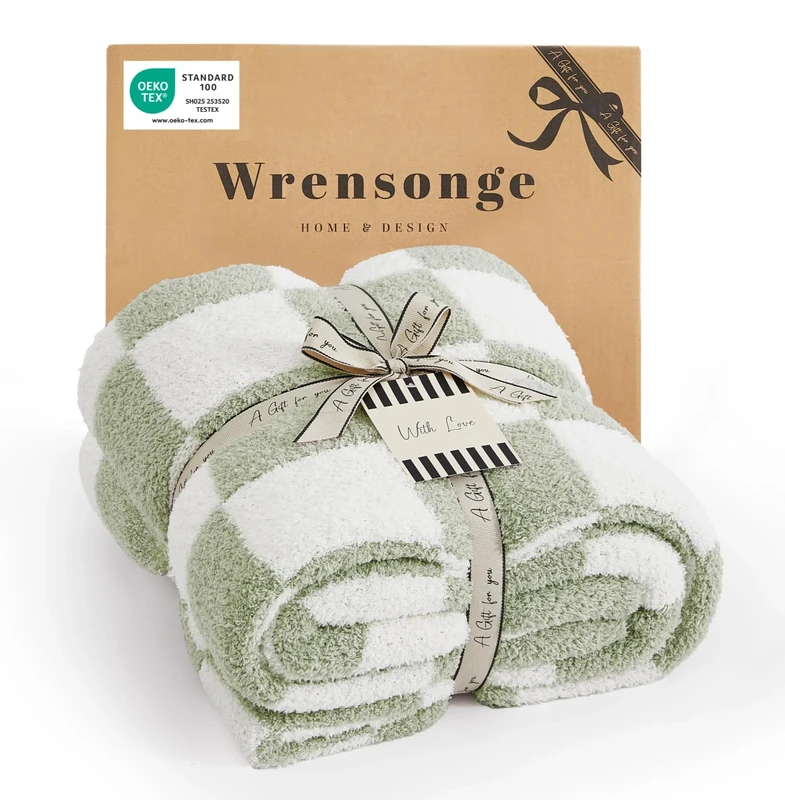 WRENSONGE Checkered Throw Blanket, Sage Green Microfiber Soft Cozy Fluffy Warm Hand Made Throw Blankets for Couch, Sofa, Chair, Bed, Camping, Picnic, Travel Lightweight Bed Blanket - 50"*70"