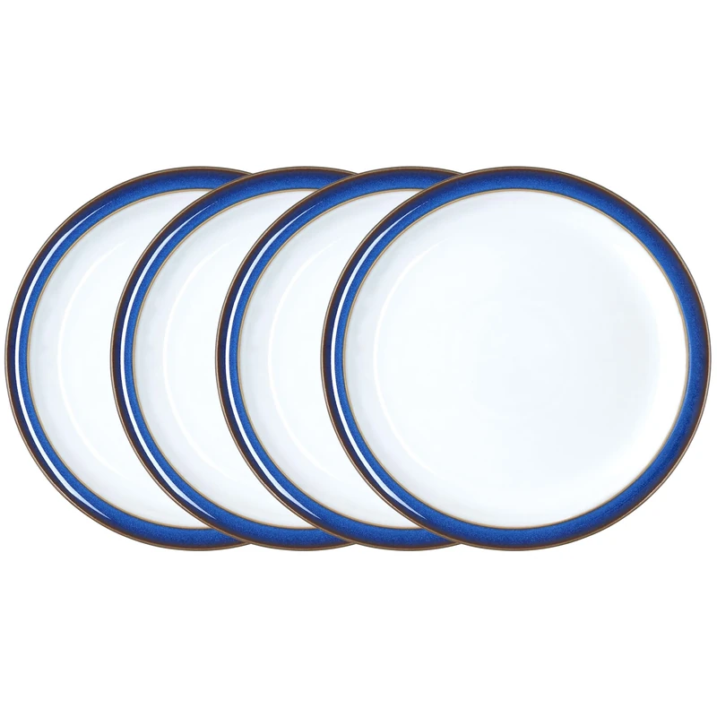 Denby - Imperial Blue Medium Plates Set of 4 - Dishwasher Microwave Safe Crockery 22cm - Royal Blue, White Ceramic Stoneware Tableware - Chip & Crack Resistant Lunch Plates