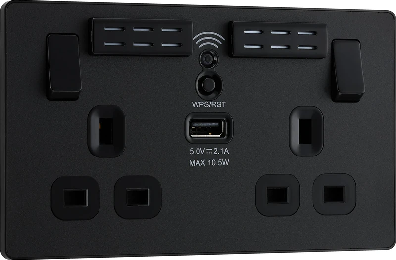 BG Electrical Double Switched Power Wall Plug Socket with Type A USB Charging Port and Wi-Fi Extender, Evolve, Matt Black, 13A, PCDMB22UWRB