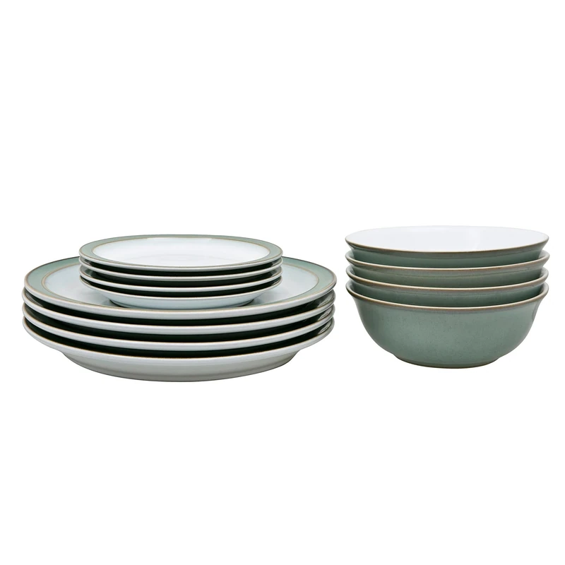Denby - Regency Green Dinner Set For 4 - 12 Piece Green, White Ceramic Tableware Set - Dishwasher Microwave Safe Crockery Set - 4 x Dinner Plates, 4 x Small Plates, 4 x Cereal Bowls
