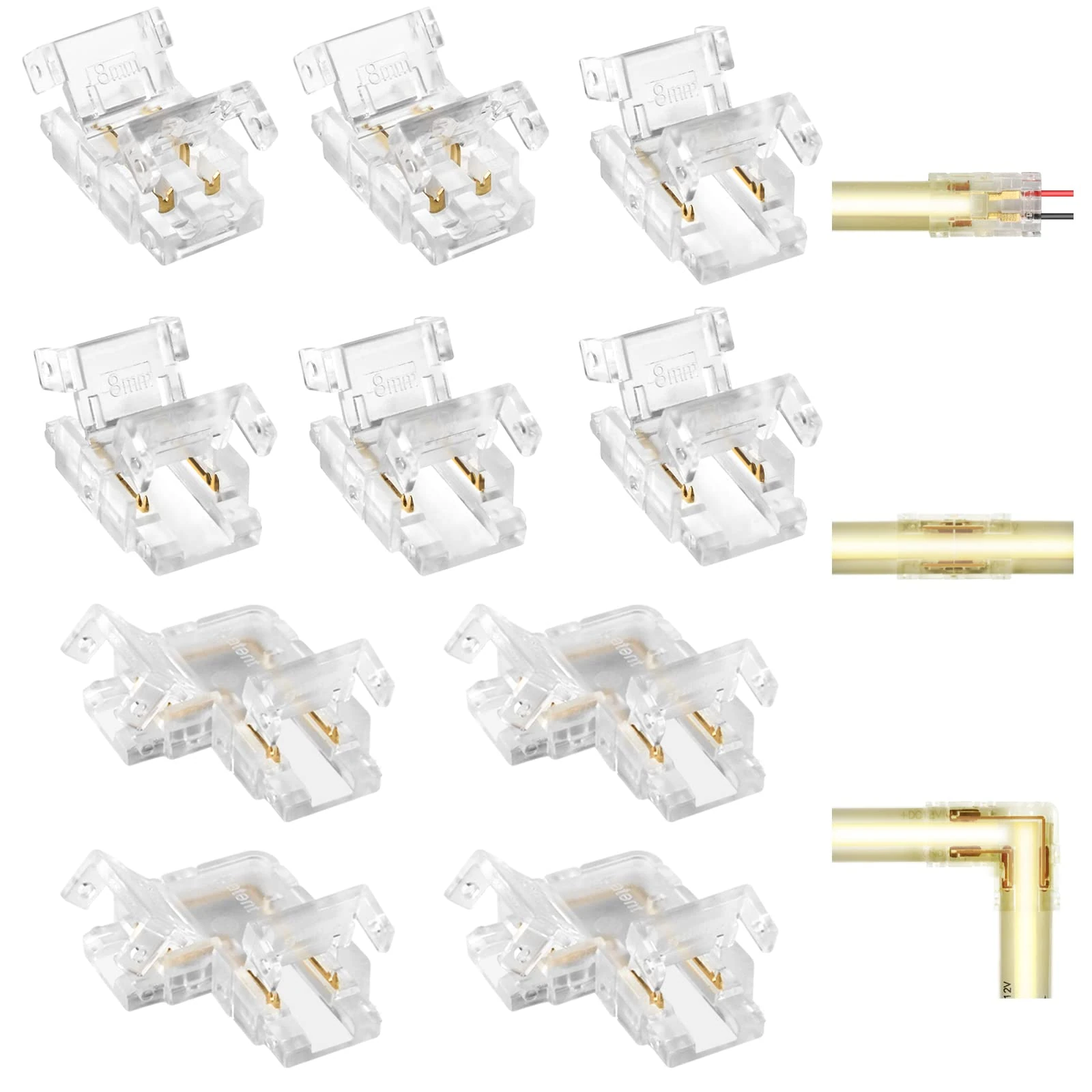 Aroidful 10pcs 2 Pin 8mm COB LED Strip Light Connectors Gapless Solderless Connectors Strip to Wire Connector×2, Strip to Strip Connector×4, L Shape Connector×4 for COB LED Strip Light 36V 5A