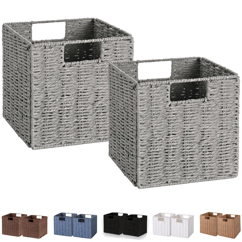 Vagusicc Storage Basket, Set of 2 Hand-Woven Paper Rope Wicker Baskets for Storage, Foldable Cube Storage Bins Organizer, 9 inch Medium Wicker Storage Baskets for Shelves Pantry Organizing Decor, Grey