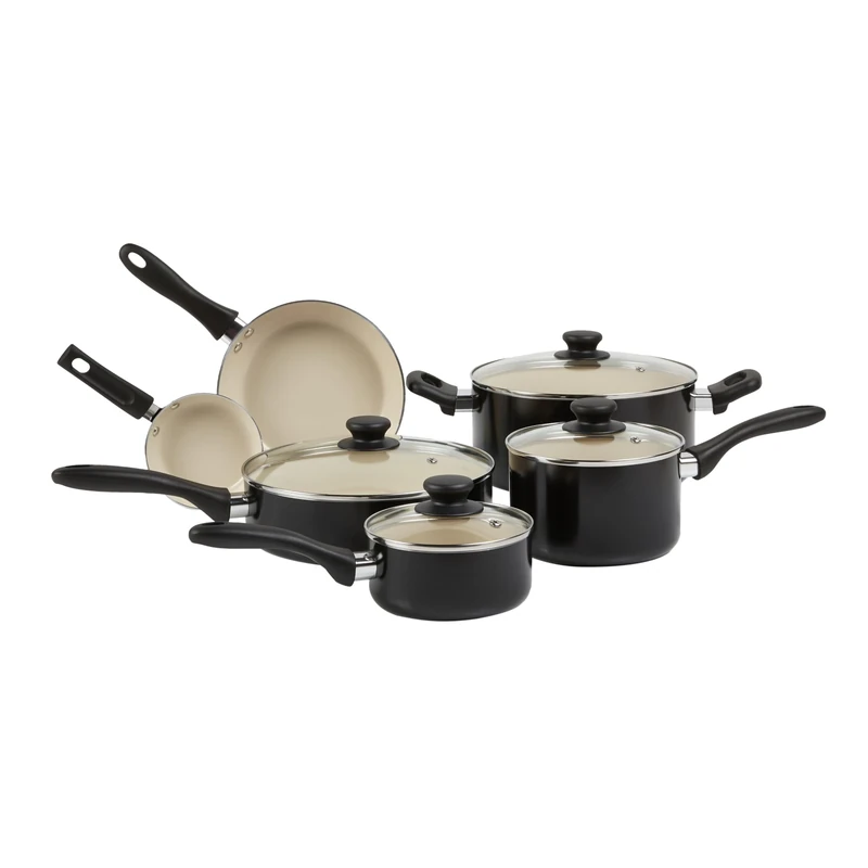 Amazon Basics Ceramic Non-Stick Pots and Pans, 11-Piece Cookware Set, and -Free, Black/Cream