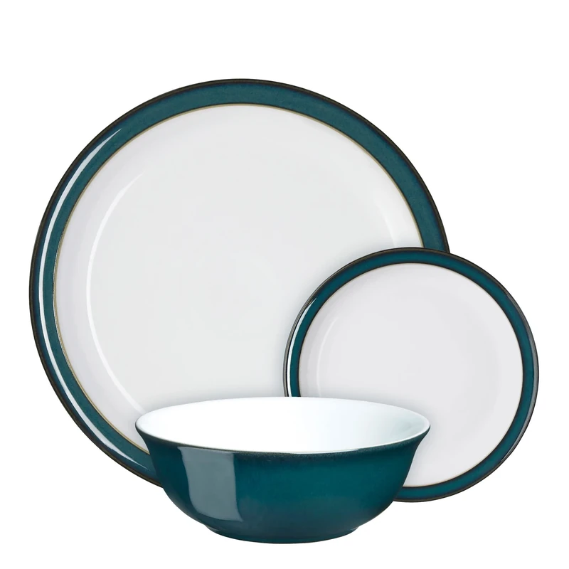Denby - Greenwich Dinner Set For 4 - 12 Piece Ceramic Tableware Plate & Bowl Set - Dishwasher Microwave Safe Crockery - 4 x Dinner Plates, Small Plates, Cereal Bowls - Green, White Ceramic Stoneware