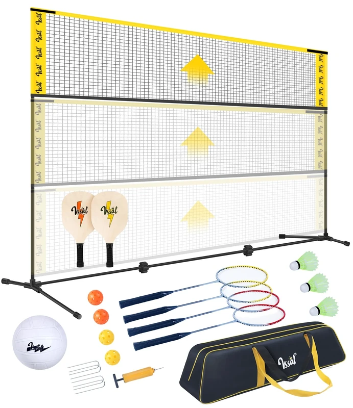 VSSAL 10FT Portable All-in-One Badminton, Pickleball and Volleyball Net Set Half Court (10ft Wide x 7ft max Height) Small Outdoor Sports Set with Adjustable Net for Backyards Beach or Driveway Games