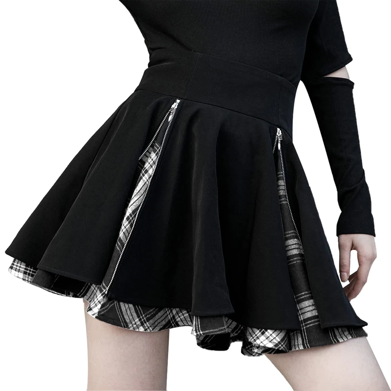 Kisidoo Gothic Skirts Cute High Elastic Waisted Plaid Kilts for Women Trendy Hem Flared Knee Length Mini Skater Skirt, A# White Plaid, L
