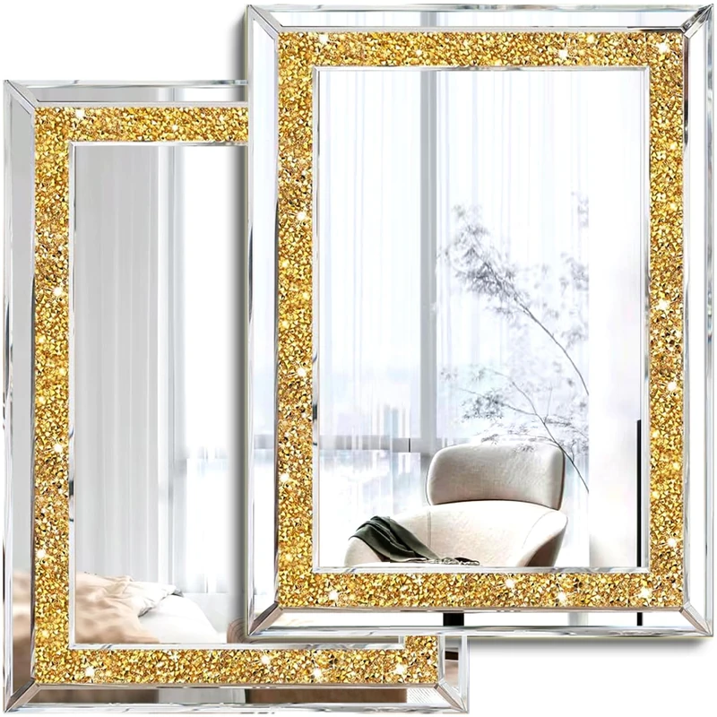 XIHACTY 2 Piece Wall Mirrors, Crush Diamond Wall Decor, Gold Color Decorative Mirrors for Living Room, Bedroom, Bathroom. (11'x15')