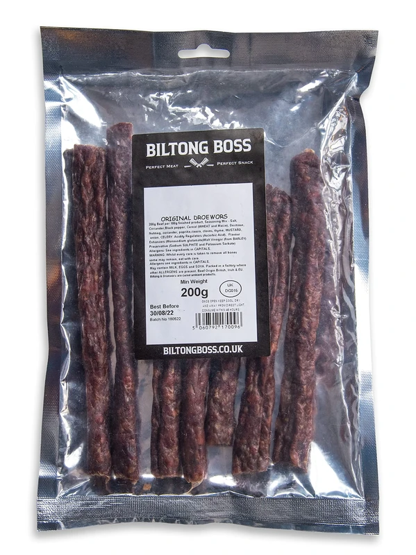 Biltong Boss Original Beef Droewors, Authentic Traditional Recipe, Ready To Eat High Protein Flavoured Meat Snack, Suitable For Paleo, Keto, Atkins Diets & Post-Workout, Low Sugar & Carbohydrate, 200g
