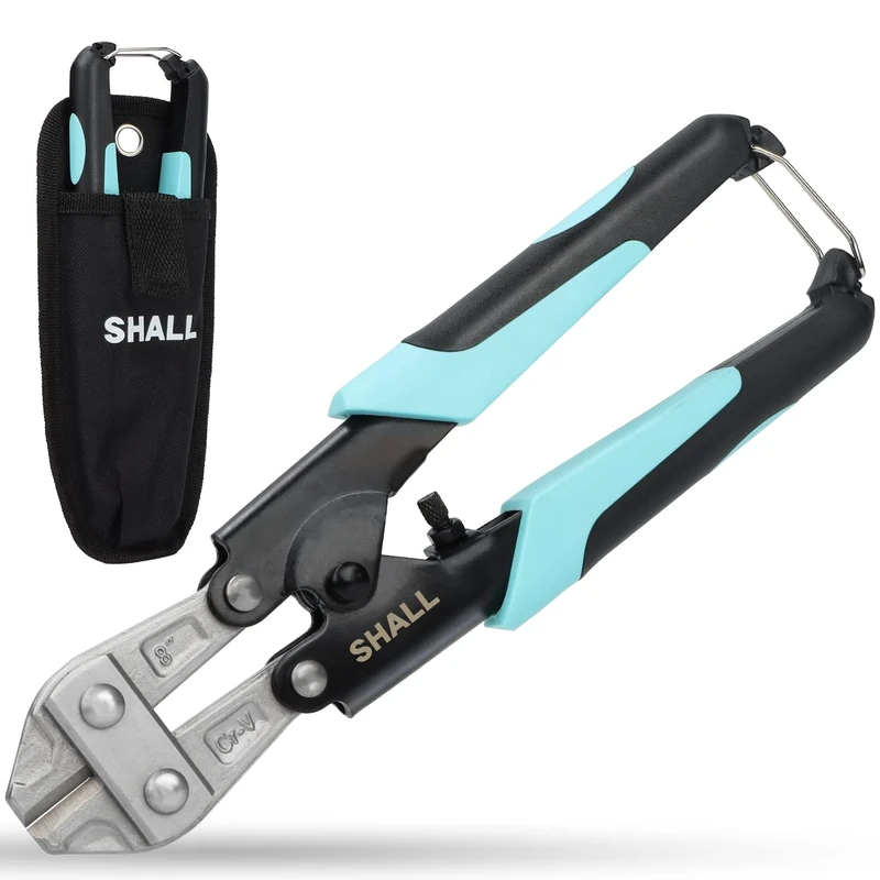 SHALL Mini Bolt Cutter, 210mm/8-inch Heavy Duty Wire Cutter, Two-Color Ergonomic Handle, Security Lock, More Efficient Leverage & Adjustable Opening, Belt Bag Included