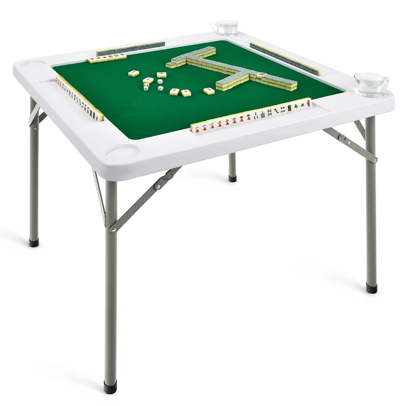 GYMAX Mahjong Table, 35” Folding Card Table with Cup Holders & Chip Trays, Square Domino Playing Table for Mahjong Poker - Image 1