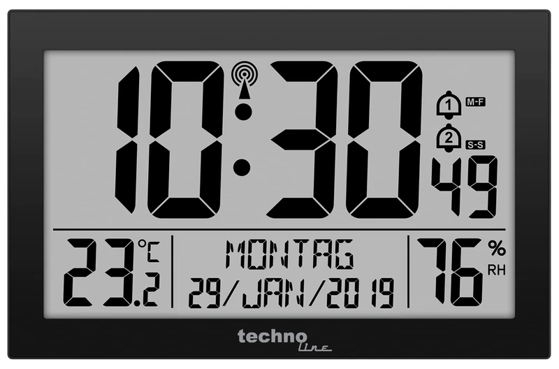 Technoline Dirgitale Modern Radio-Controlled Wall Clock in Black, Acrylonitrile Butadiene Styrene, Black, 225 x 24 x 143 mm