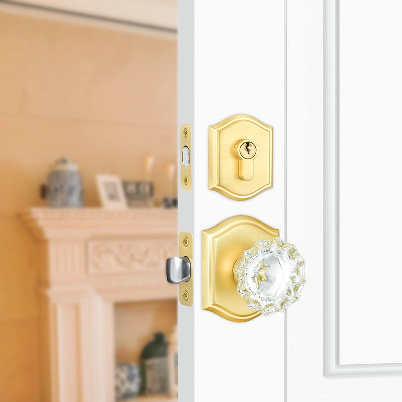CLCTK Crystal Glass Passage Door Knob and Single Cylinder Deadbolt Combo Set, Satin Brass Finish, Keyed Alike