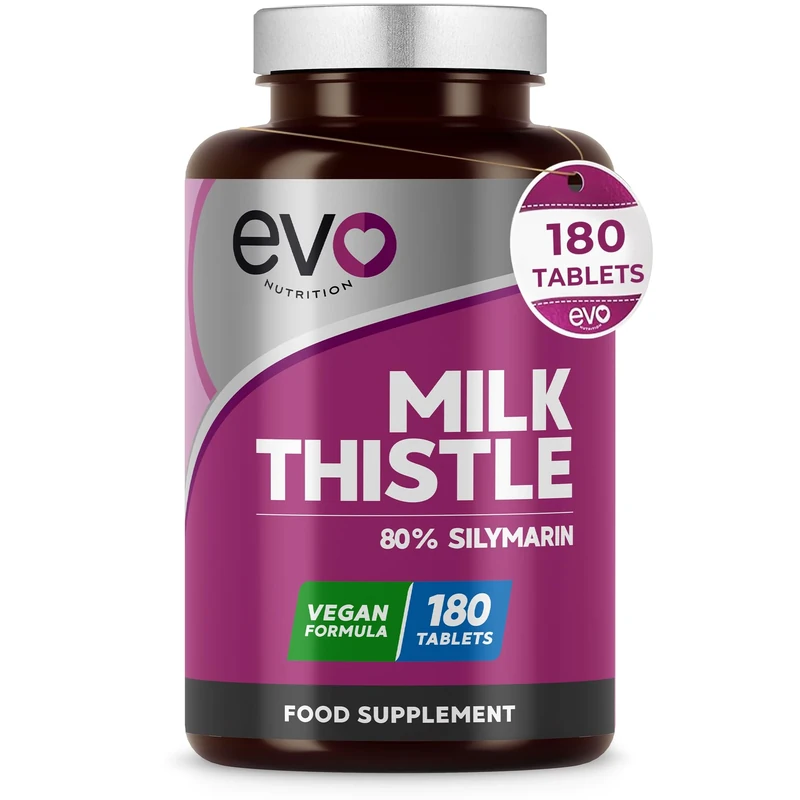 EVO NUTRITION Milk Thistle Tablets 180 Count - 80% Silymarin Vegan