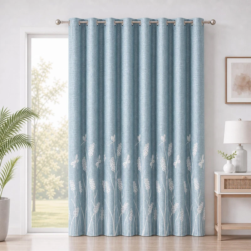Melodieux Wheat Embroidery Extra Wide Curtain for Living Room Patio Sliding Door, Rustic Floral Patterned Room Darkening Linen Textured Grommet Drape, White Wheat/Blue, 100" W x 96" L, 1 Panel